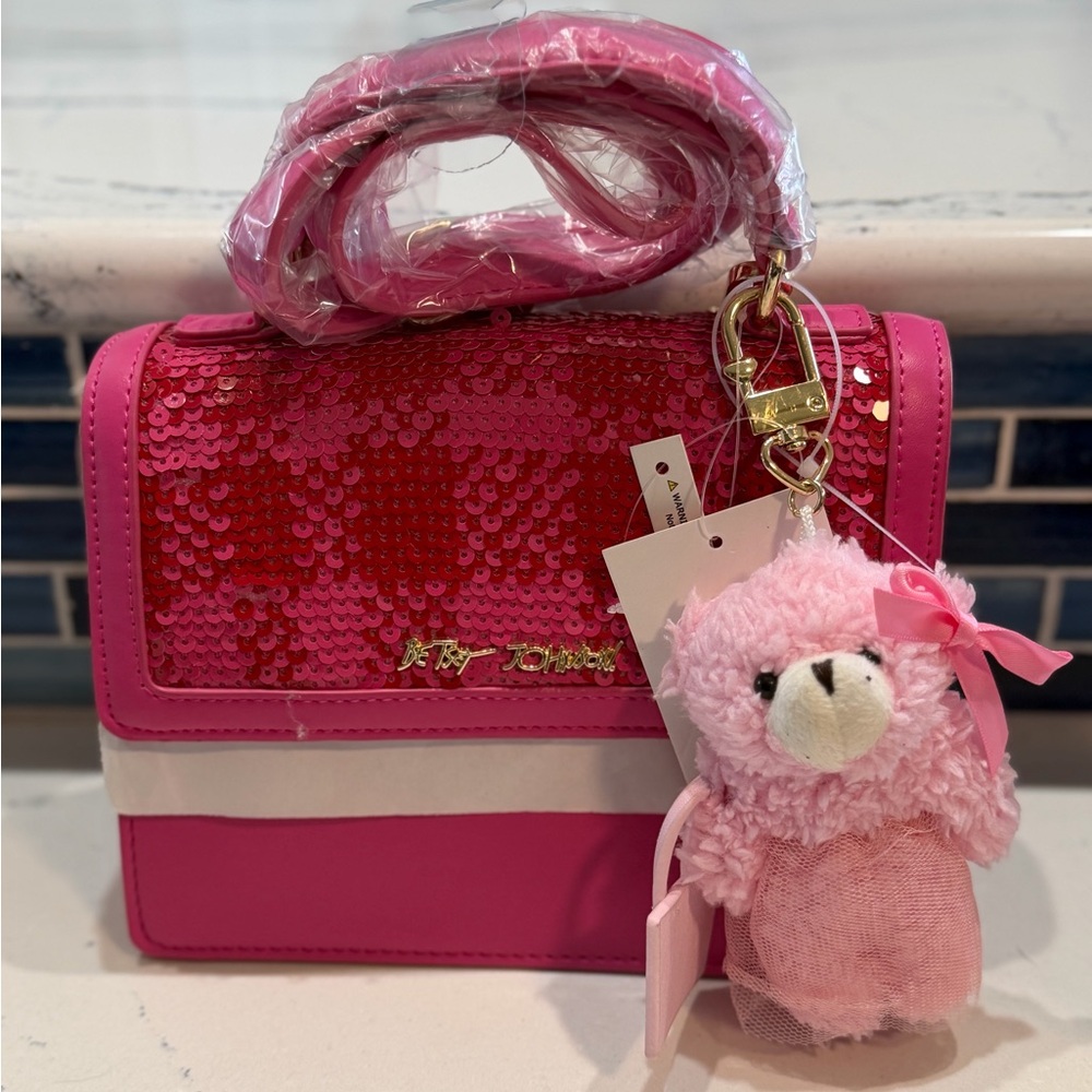 NWT Betsey Johnson Sequined Top Handle Crossbody with Pink Bear Bag Charm